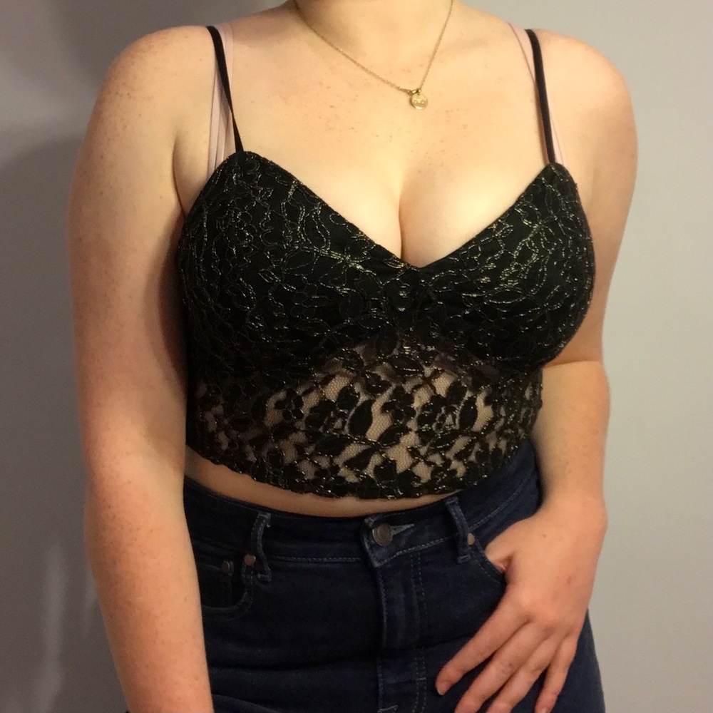 THRIFTED Gold Detail Black Lace Tank